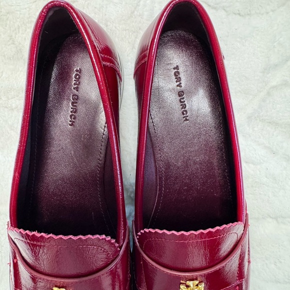Tory Burch Burgundy Patent Leather Penny Loafers with Gold Logo - Picture 9 of 12